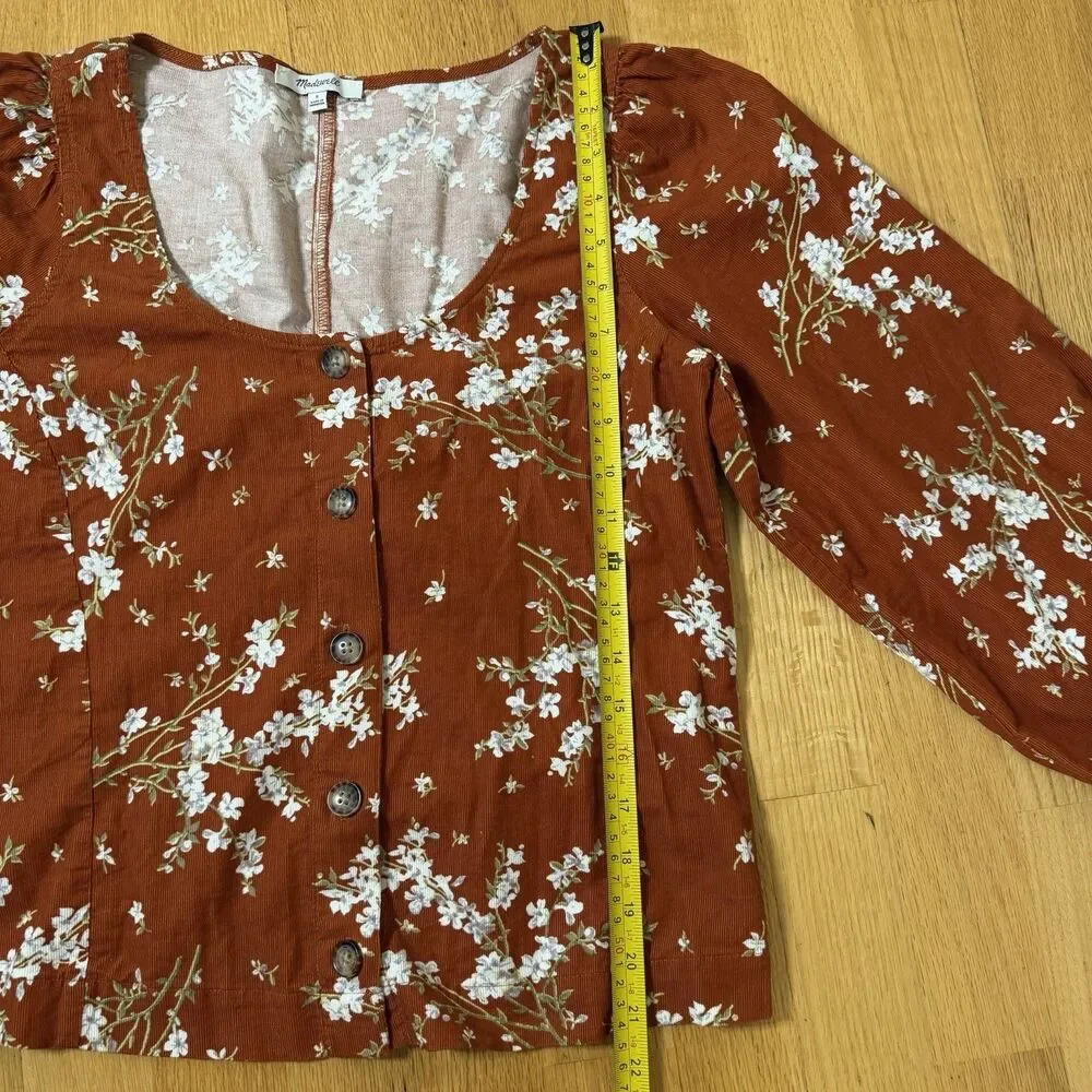 Madewell Corduroy Shirred-Sleeve Button-Front Top Farmstand Bouquet Rusty S Fall